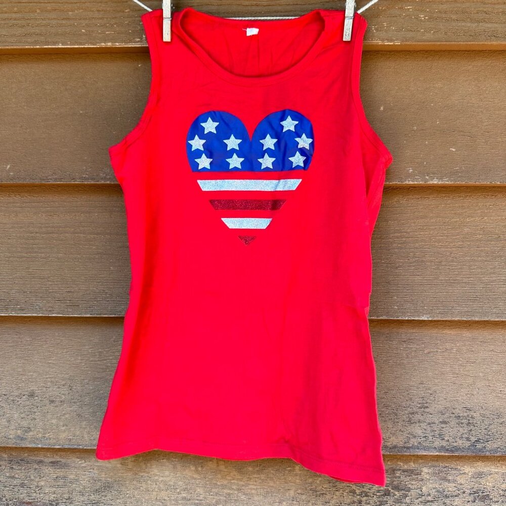 Girls Red American Flag Heart Tank Top Sleeveless Cotton Blend Size S Patriotic